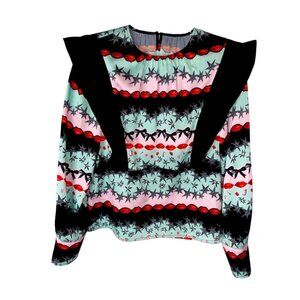 Tanya Taylor WomensPrinted Long Sleeve Blouse In Mint Multi With Star & Lip Desi